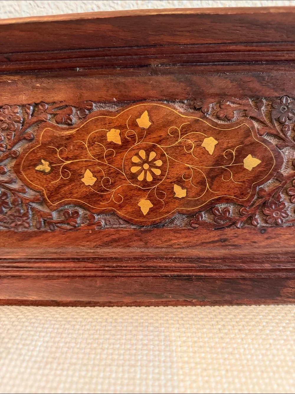 Vintage Indian Hand Carved Wooden Serving Tray w/ Inlay 15.5